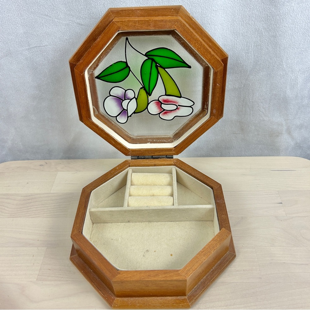 Floral Stained Glass Wooden Jewellery Box 7"x7" - Picture 2 of 5